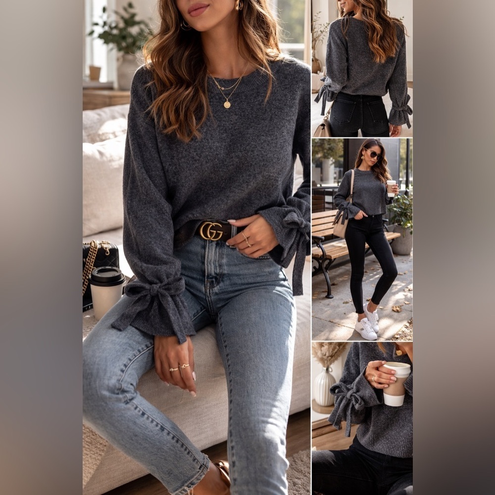 Madewell Tie Sleeve Sweater Women’s Small Gray Knit Long Sleeve Bow Detail